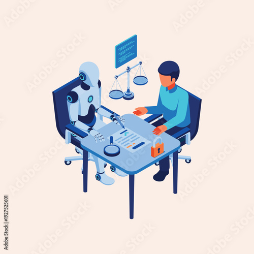 Artificial intelligence robot consulting with a human client on a digital contract, showcasing the future of legal and business services with advanced technology and data security