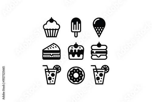 A set of black and white icons featuring various sweet treats and drinks