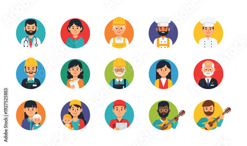 Assortment of Professional and Creative People Avatars in Circular Frames on White Background