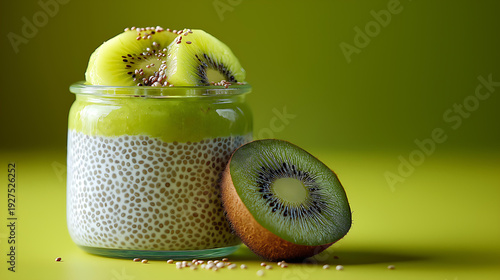 Healthy Chia Pudding with Kiwi and Fresh Fruit in Breakfast Jar: Vegan Snack and Plant-Based Superfood for Wellness Lifestyle