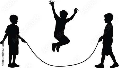 Silhouettes of children playing jump rope, mid-air motion, black figures, white background, outdoor fun, coordination