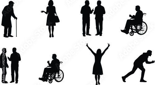 Silhouettes of diverse people, wheelchair users, elderly, expressive poses, black figures, white background, human interaction