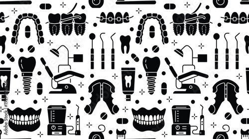 Dental care seamless pattern with dentist equipment dental tools braces and oral hygiene