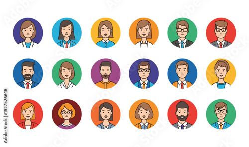 Diverse Group of Professional and Casual People Avatars in Colorful Circles on White Background