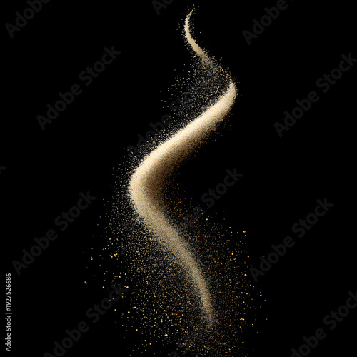 a stream of fine sand grains gracefully swirling against a stark backdrop, creating an abstract and dynamic display of texture and form. This image evokes a sense of movement and natural beauty.