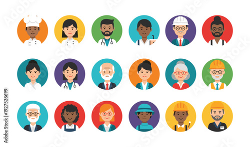 Diverse Group of Professional People Avatars in Colorful Circles Representing Various Occupations