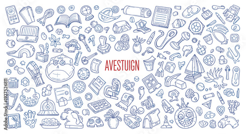 Extensive Collection of Hand- Drawn Doodle Icons and Objects on White Background drawing