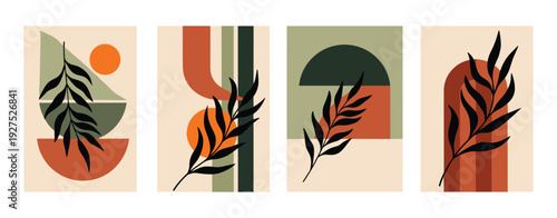 Four Abstract Mid- Century Modern Art Prints with Geometric Shapes and Botanical Elements