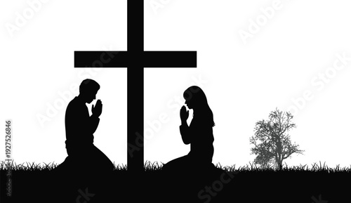 Praying couple silhouette with cross