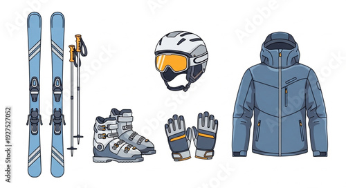 Skiing Equipment and Winter Jacket Outfit.
