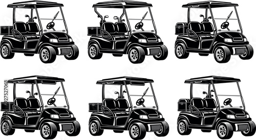 Black and white golf cart vector set showing multiple angles, electric utility vehicle design, transportation illustration for golf course, resort, campus mobility, and rental service use