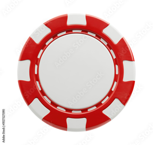 Bright red and white striped casino poker chip with blank center isolated on transparent background