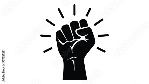 A black fist with lines radiating from it isolated on white background, Vector