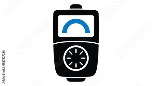A black and white icon of a smartwatch with a blue gauge isolated on white background, Vector