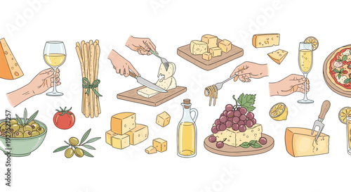 Italian Food and Drink Elements with Cheese, Wine, Pizza, and Olives