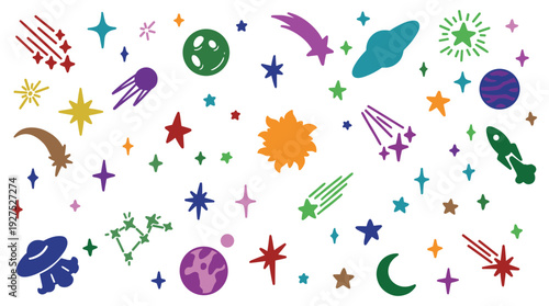 Set of colorful outer space objects including stars planets rockets and shooting stars