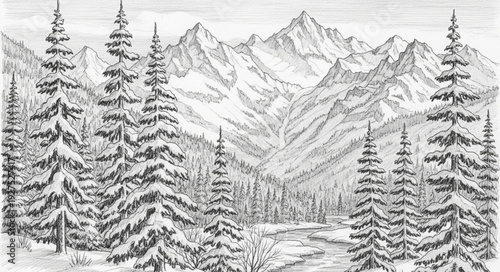 Snow Covered Pine Trees in Mountains.