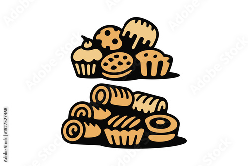 A bakery illustration of various sweet and savory pastries and bread