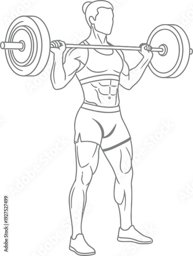 Athletic woman holding heavy barbell across her shoulders preparing for weightlifting exercise in gym