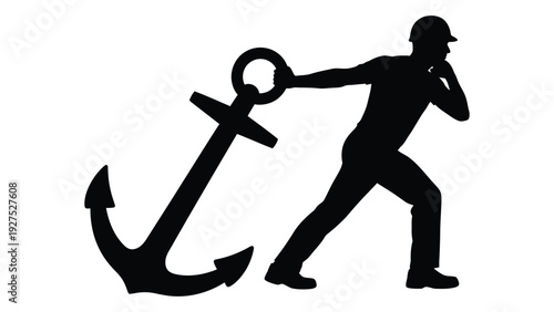 A man is pulling a large anchor isolated on white background, Vector