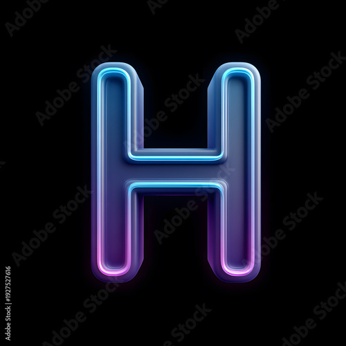 Stylish neon light alphabet letter H isolated against black background. The letter is illuminated by vibrant blue and purple neon lights