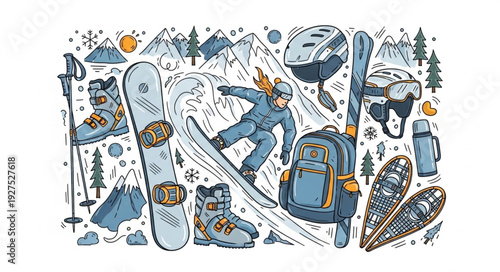 Snowboarder in Action on Mountain Slope.