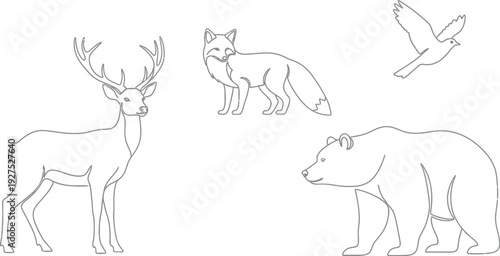 Collection of simple black and white line art icons featuring various wild animals including a deer fox bear and bird.