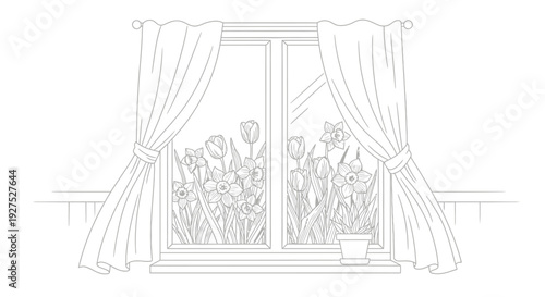Beautiful spring flowers like daffodils and tulips seen through a classic window with elegant curtains for coloring book pages