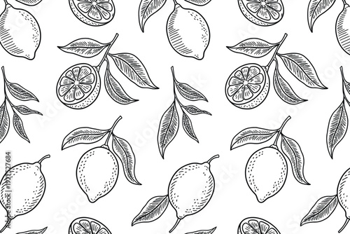 Lemon illustration seamless pattern with leaves and slices on white background