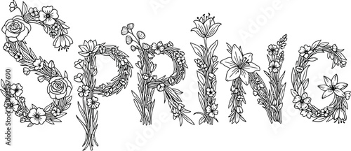 Elegant black and white lettering spells out the word spring formed entirely by intricate botanical floral line art illustration designs