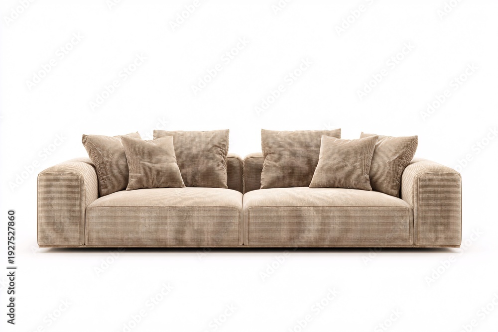 Fototapeta premium Luxurious beige sofa set with pillows on white background, comfortable furniture