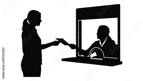 A woman hands a document through a security window isolated on white background, Vector