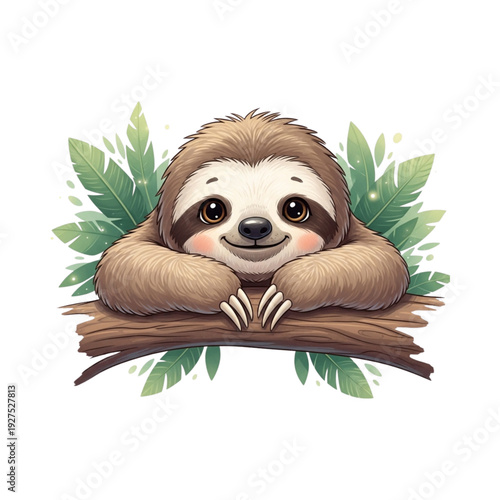 Illustration of a Cute Smiling Sloth on a Branch