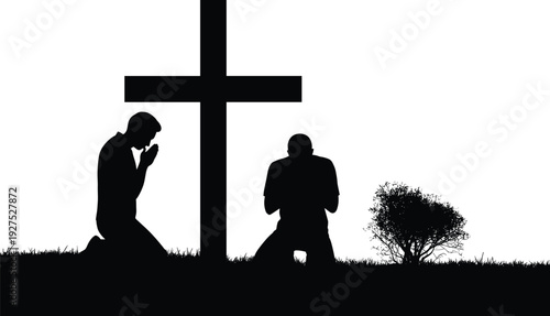 Praying silhouettes with cross