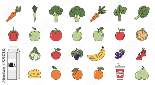 Assorted fresh produce and dairy products collection for healthy eating and diet