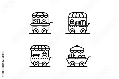Food cart icons set with different vendor illustrations and designs