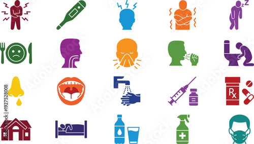 Set of colorful health and sickness icons on a transparent background