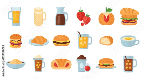 Assortment of food and beverages colorful illustrated icons on white background