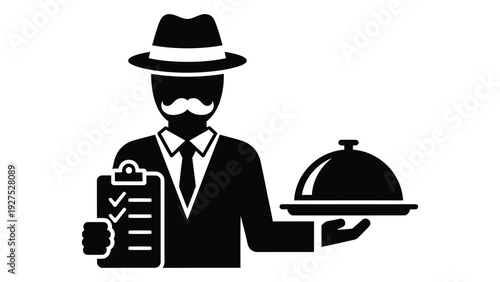 A waiter holding a tray and a clipboard isolated on white background, Vector