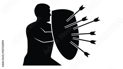 A man holding a shield with arrows sticking out of it isolated on white background, Vector