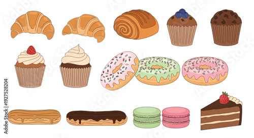 Assortment of baked goods croissants muffins donuts cakes and pastries illustration