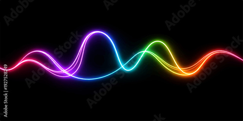 Abstract colorful wave design with glowing neon lines and dynamic fractal motion creates a bright rainbow light effect on a black wallpaper backdrop