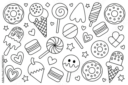A colorful illustration of various sweet treats and desserts on a white background