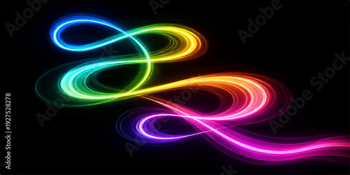 Abstract glowing neon lights create a futuristic wallpaper design with colorful fractal waves and swirling purple energy patterns on a bright motion backdrop