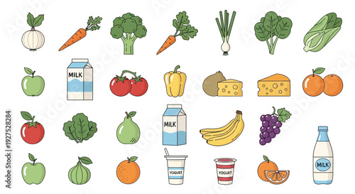 Healthy food assortment fruits vegetables dairy and more on white background