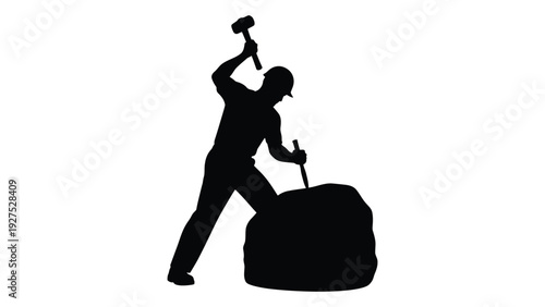 A man is chiseling a large rock with a hammer isolated on white background, Vector