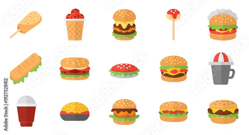 Assortment of delicious food items hamburgers ice cream and more on white