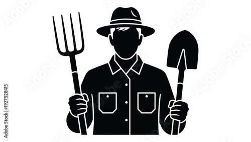 A man holding a pitchfork and a shovel isolated on white background, Vector