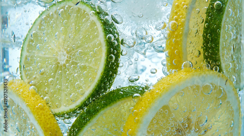 Refreshing citrus drink with bubbles, lemon and lime slices © Kandaco