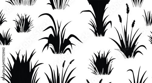 The image features a repeating pattern of black silhouettes depicting various grass tufts and reeds set against a clean white background. The design includes a diverse array of shapes and sizes, 